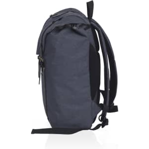 A dark grey front-side backpack featuring adjustable straps and a textured fabric design. It has a logo on one side.