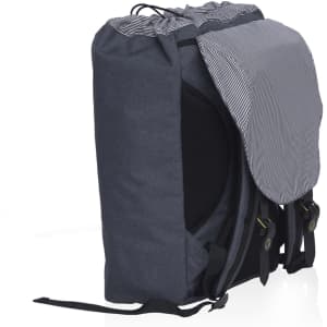 A dark grey backpack with a striped flap, featuring adjustable straps and a textured back panel. It has a logo.