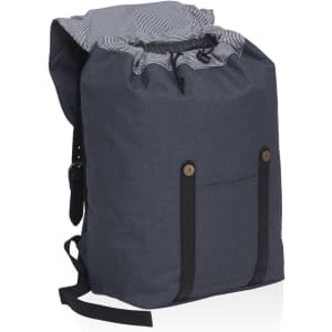 A dark grey front-side backpack with a striped lining, featuring adjustable straps and a front pocket.