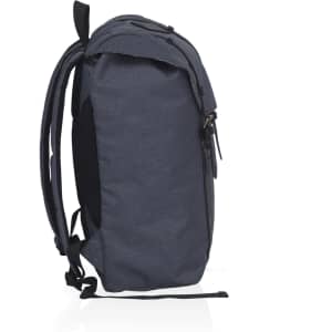 A grey front-side backpack with adjustable straps and a mesh side pocket. It features a logo on one side.