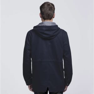 A navy blue twill jacket with a grey hood, featuring a logo. View from the back with a relaxed fit.
