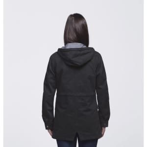 A black twill jacket featuring a hood and a casual cut, shown from the back. The jacket has a logo.