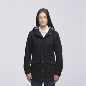 A black twill jacket with a hood, featuring pockets and a grey lining, worn by a model.