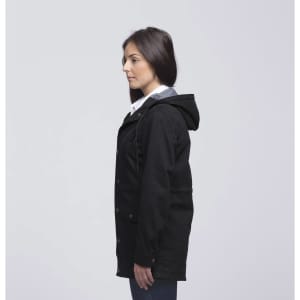 A black twill jacket with a hood, featuring a side view of a woman wearing it. The jacket has a logo.