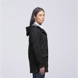 A black twill jacket with a hood, featuring a casual design and displayed on a model from the side.