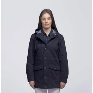 A navy twill jacket with a hood, featuring two front pockets and a grey-lined interior. It has a logo present.