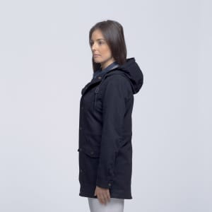 A navy blue twill jacket featuring a hood and pockets, displayed on a model from the side.