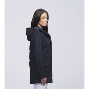 A navy twill jacket with a hood, featuring pockets and a simple design, shown on a model from the side.