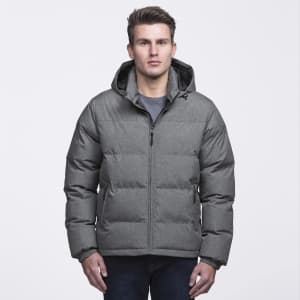 A puffer jacket in grey, featuring a zip-up front, hood, and a fitted design, worn by a model.