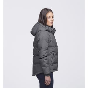 A grey puffer jacket with a hood, featuring a side view of a person wearing it. The jacket has a logo.