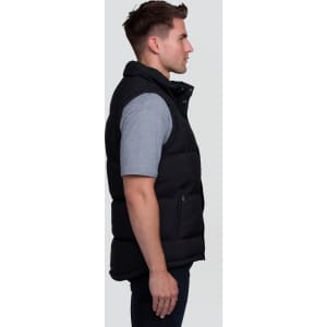 A black puffa vest featuring a high collar and side pockets, displayed on a male model from the side.