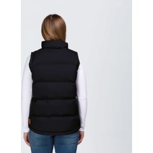 A black puffa vest with a high collar, featuring a branding logo, viewed from the back.