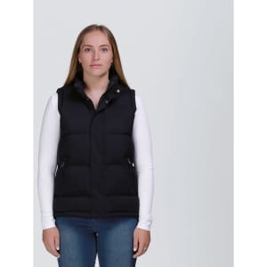 A black puffa vest with two zippered pockets, featuring a high collar and a fitted design.