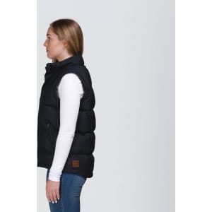 A black puffa vest with a high collar and side pockets, featuring a logo, displayed on a model.