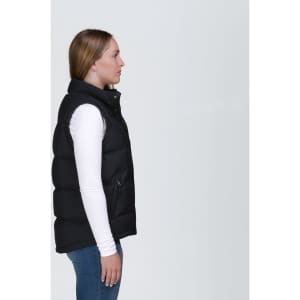 A side view of a black puffa vest with a high collar and zippered pockets, featuring a logo.
