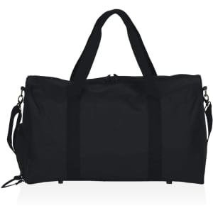 A black duffle bag with adjustable straps and a logo, featuring a zipped main compartment.