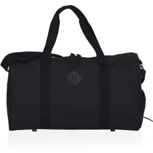 A black duffle bag with two sturdy handles and a branding logo on the front.