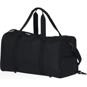 A black duffle bag with double handles, an adjustable shoulder strap, and a logo on the side.
