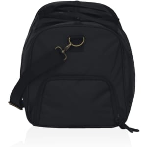 A black duffle bag with a single shoulder strap and zip closure, featuring a front pocket and a logo.