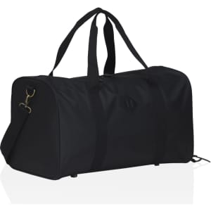 A black duffle bag with dual handles, a shoulder strap, and a logo. The bag has a sleek design and a zippered closure.