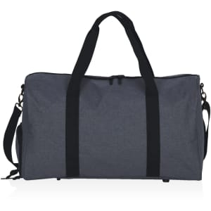 A grey duffle bag with black straps and a shoulder strap. It features a logo on the side.