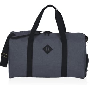 A grey duffle bag with black straps and a logo, featuring a rectangular shape and dual handles.
