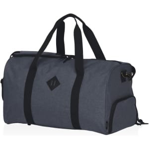 A grey duffle bag with black handles, featuring a logo and a sleek design.