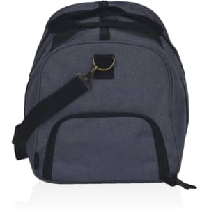 A grey duffle bag featuring a shoulder strap and a front pocket, with a logo on the side.