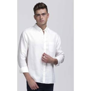 A light-coloured linen button-up shirt with long sleeves and a chest pocket. The model is posing against a plain background.