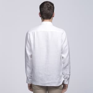 A white linen button-up shirt displayed from the back, featuring long sleeves and a collar.