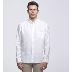 A white linen button-up shirt featuring a chest pocket and a collar, worn by a model against a plain background.