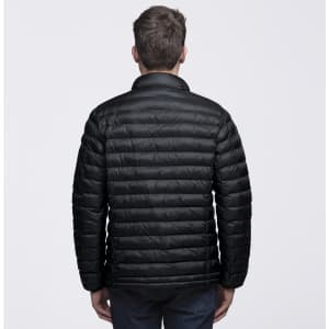 A black puffer jacket with a quilted design, featuring a collar and long sleeves, viewed from the back.