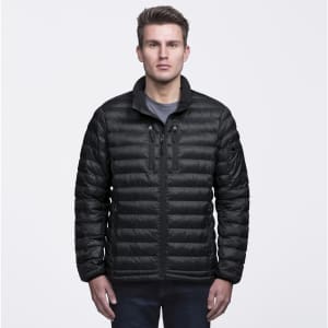 A black puffer jacket with a zip front, featuring two chest pockets and a stand-up collar, worn by a model.