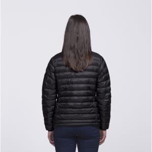 A black puffer jacket with a quilted design, viewed from the back. The jacket includes a logo on the back.