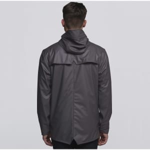 A grey rain jacket with a hood, featuring a back vent and a logo.
