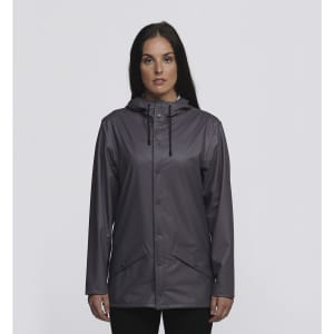 A grey rain jacket with a hood, featuring a front zip and snap buttons, worn by a model.