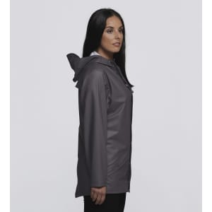 A rain jacket in dark grey, featuring a hood and a logo, shown on a model from the side.