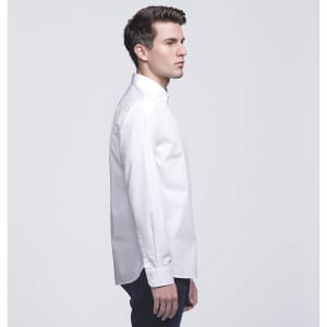 A white button-up shirt for men, featuring a simple design and a branding logo.