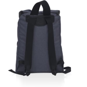 A grey backpack with black straps and a logo on the back.