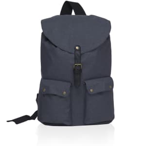 A dark grey backpack with a flap closure, featuring two front pockets and a logo.