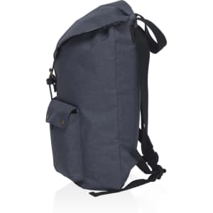 A grey backpack with a roll-top design and a front pocket, featuring adjustable straps and a logo.