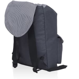 A dark blue backpack with a striped flap and adjustable shoulder straps. It features a side pocket and a logo.