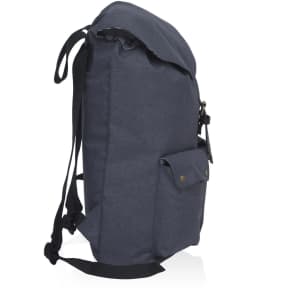 A dark grey backpack with a flap closure and front pocket, featuring adjustable straps and a logo.
