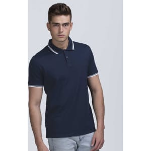 A navy polo shirt with contrasting white collar and sleeve trims, featuring a logo on the chest.