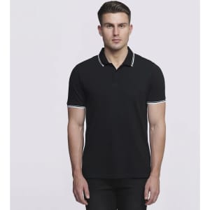 A black polo shirt with contrasting white trim at the collar and sleeves, featuring a logo.