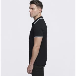 A black polo shirt with white striped detailing on the collar and sleeves, featuring a logo.