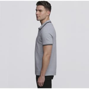 A grey polo shirt featuring a collar and striped detailing at the sleeves, displayed on a male model.