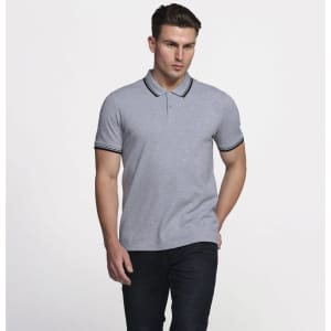 A grey polo shirt with contrasting black and white stripes on the collar and sleeves, featuring a logo.