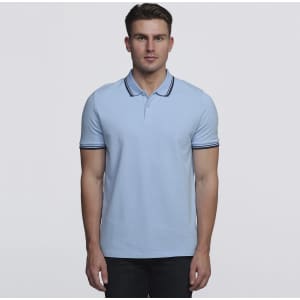 A light blue polo shirt featuring a collar with contrasting stripes and short sleeves, complete with a logo.