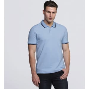 A light blue polo shirt with contrasting navy stripes on the collar and sleeves, featuring a logo.